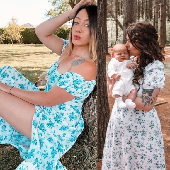 Floral Print White Flared Dress Puff Short Sleeve Leg Slit - Picture 15 of 16